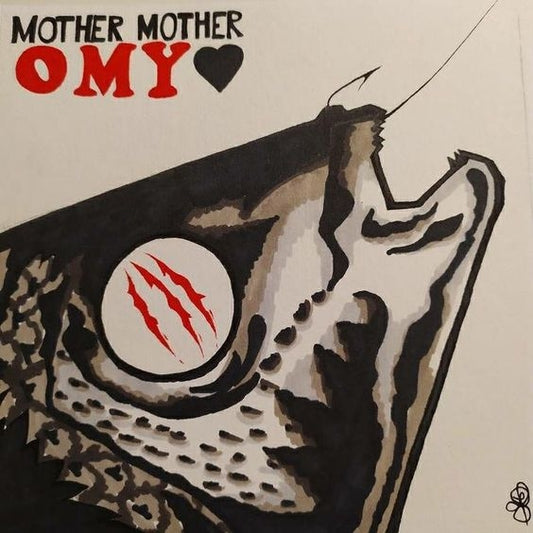 Mother Mother's album 'OMY' cover featuring a stylized fish illustration with bold red text and claw marks.