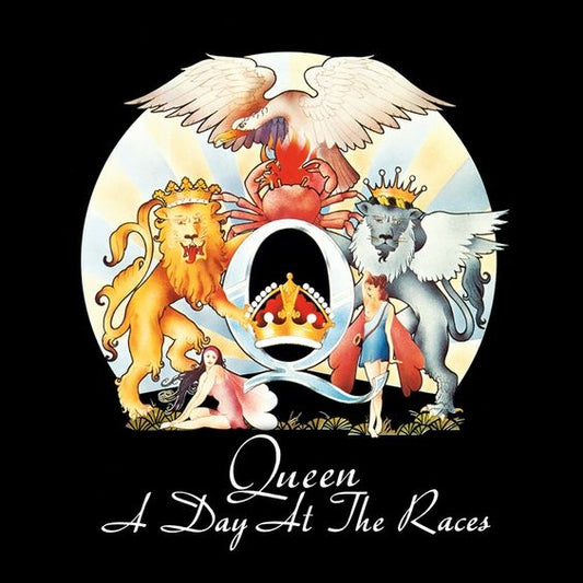 Queen's album cover for 'A Day At The Races' featuring colorful lions, an eagle, and a crown on a black background.